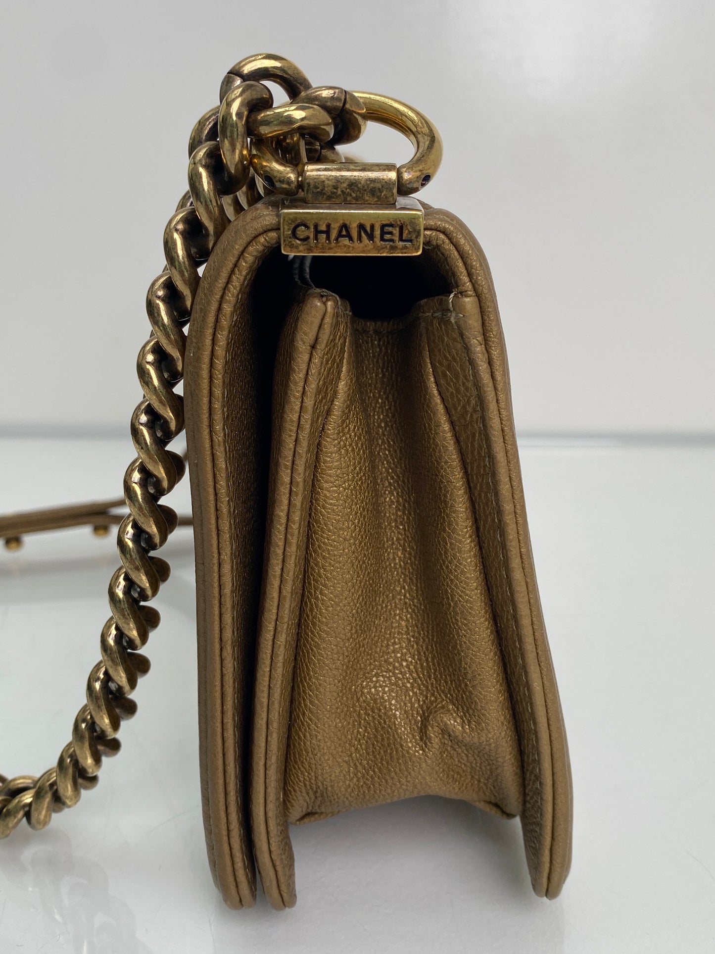 Chanel Gold Snakeskin Embossed Small Chain Boy Flap Bag GHW