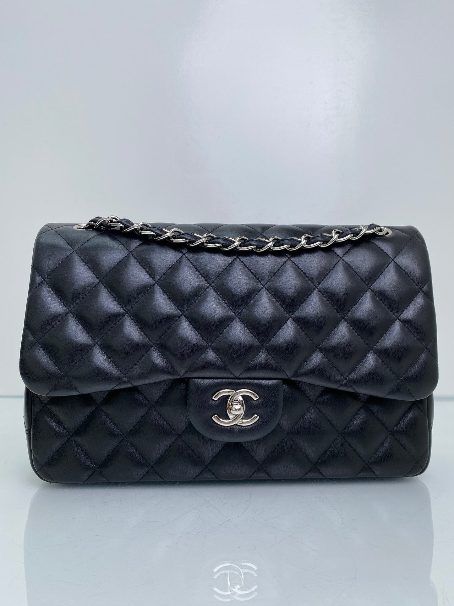 Chanel Black Classic Jumbo Lambskin Double Flap Bag SHW #19