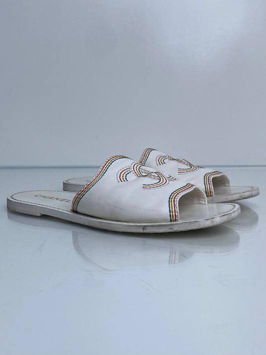 Chanel White & Multicolor Embroidered CC Sandals, 39.5 (As Is)