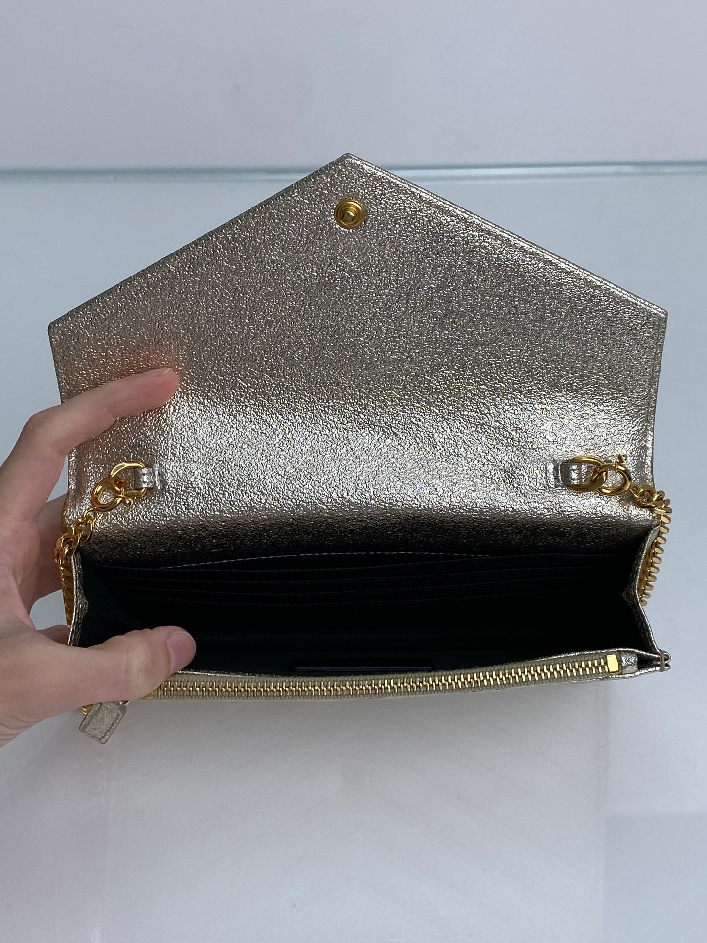 Saint Laurent Cassandra Silver Metallic Chevron Wallet On Chain GHW