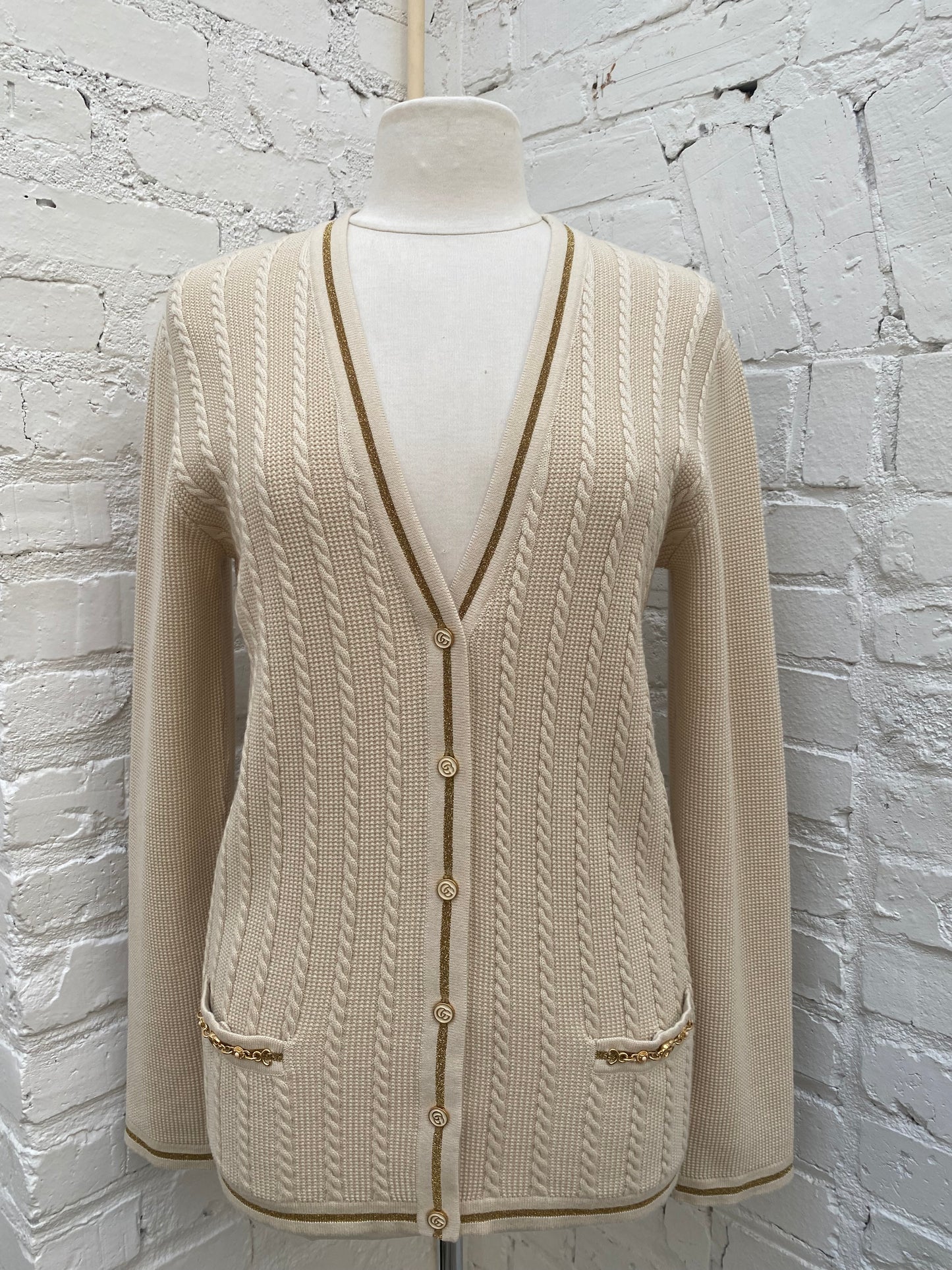 Gucci Tan & Gold Wool & Cotton Blend Cardigan, S