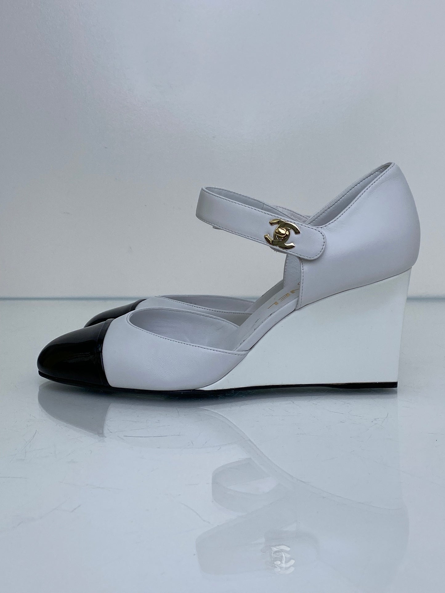 Chanel Black & White Mary Jane CC Wedges, 39.5 (Copy)