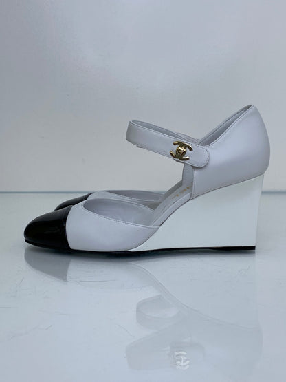Chanel Black & White Mary Jane CC Wedges, 39.5 (Copy)