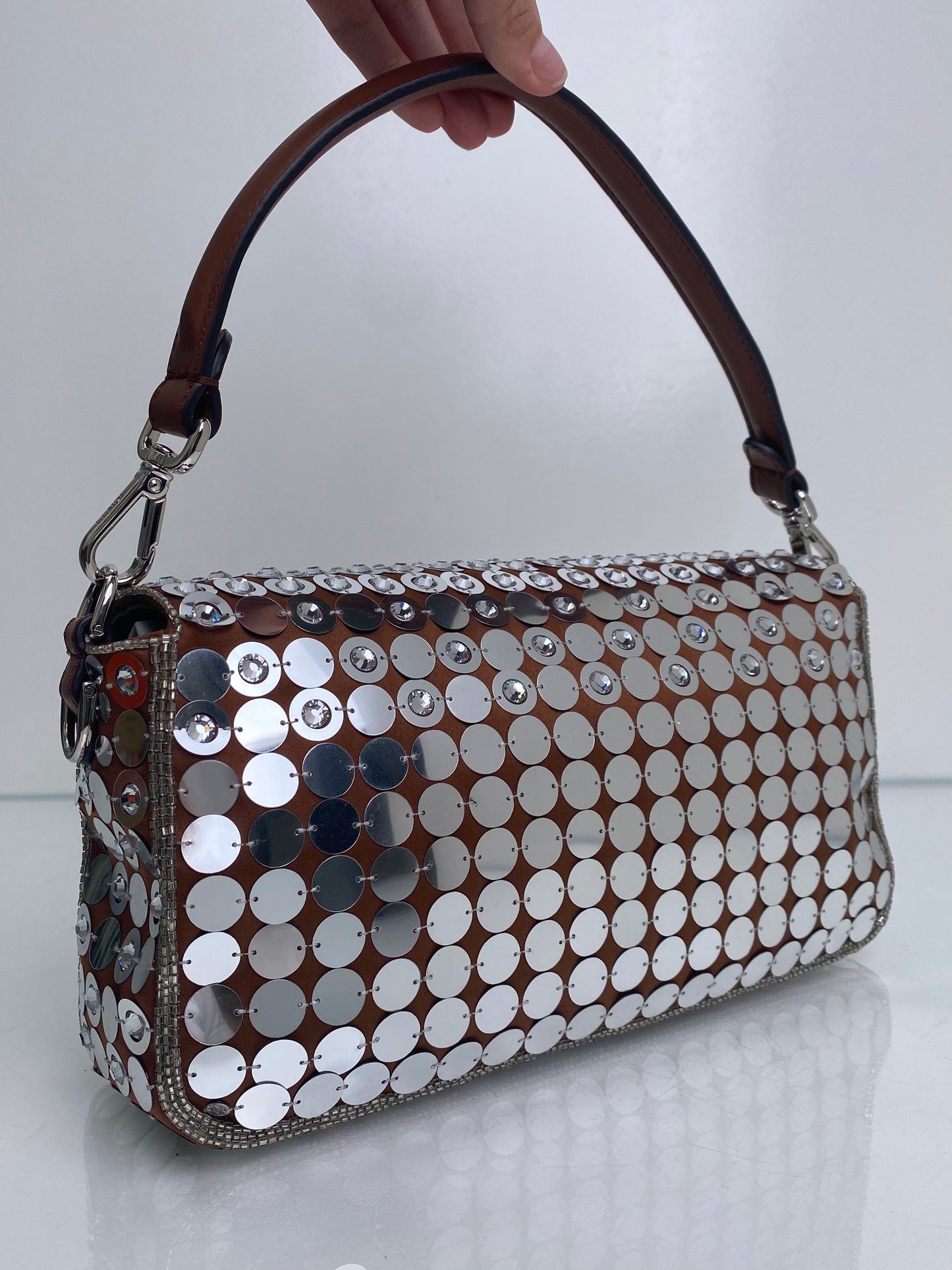 Fendi Brown & Silver Sequin Baguette Bag SHW