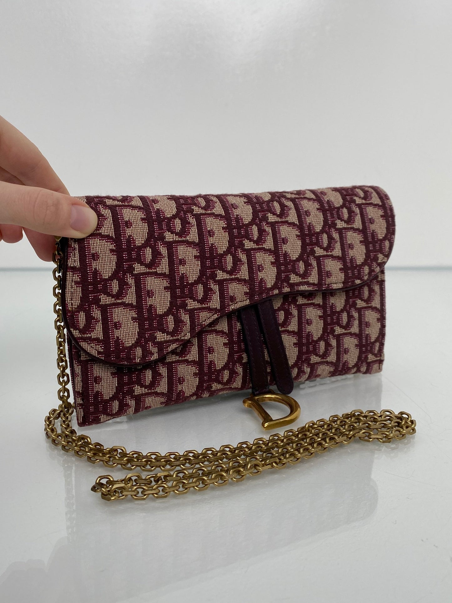 Dior Burgundy Oblique Saddle Wallet on Chain Bag GHW