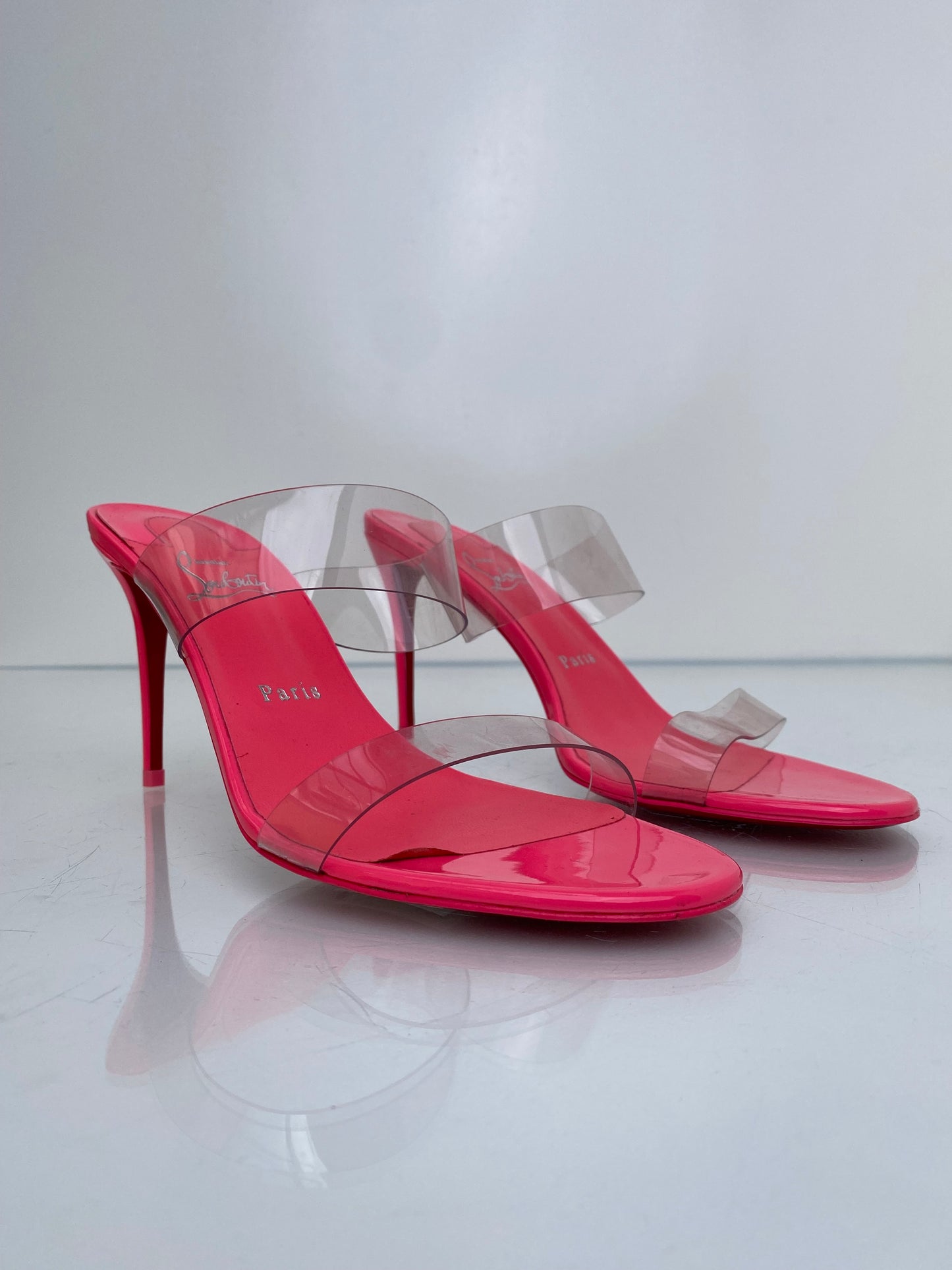 Christian Louboutin  Pink &PVC Just Nothing 85 Mules, 40