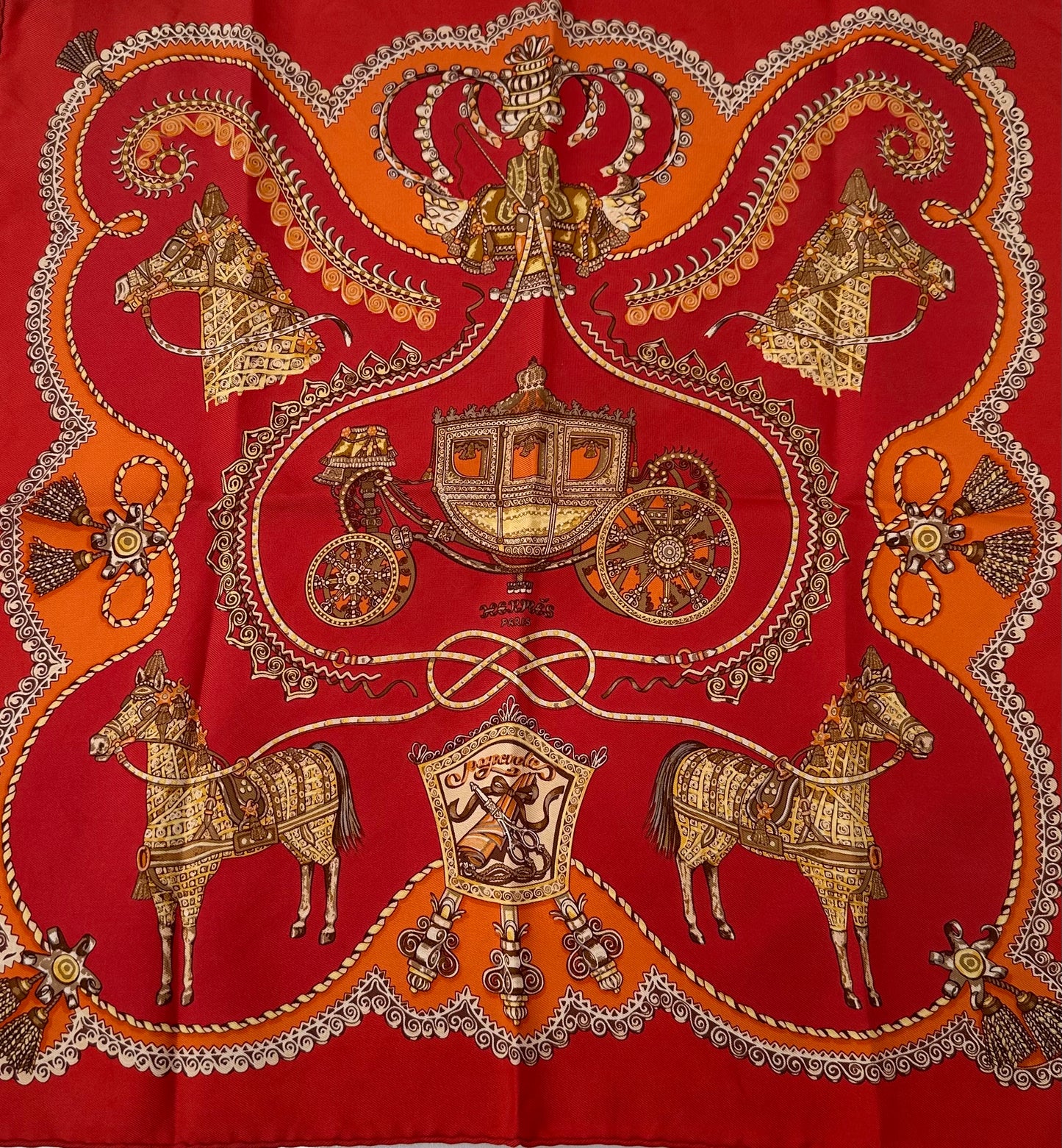 Hermes Red, Orange & Gold Carriage Silk Scarf 45 cm