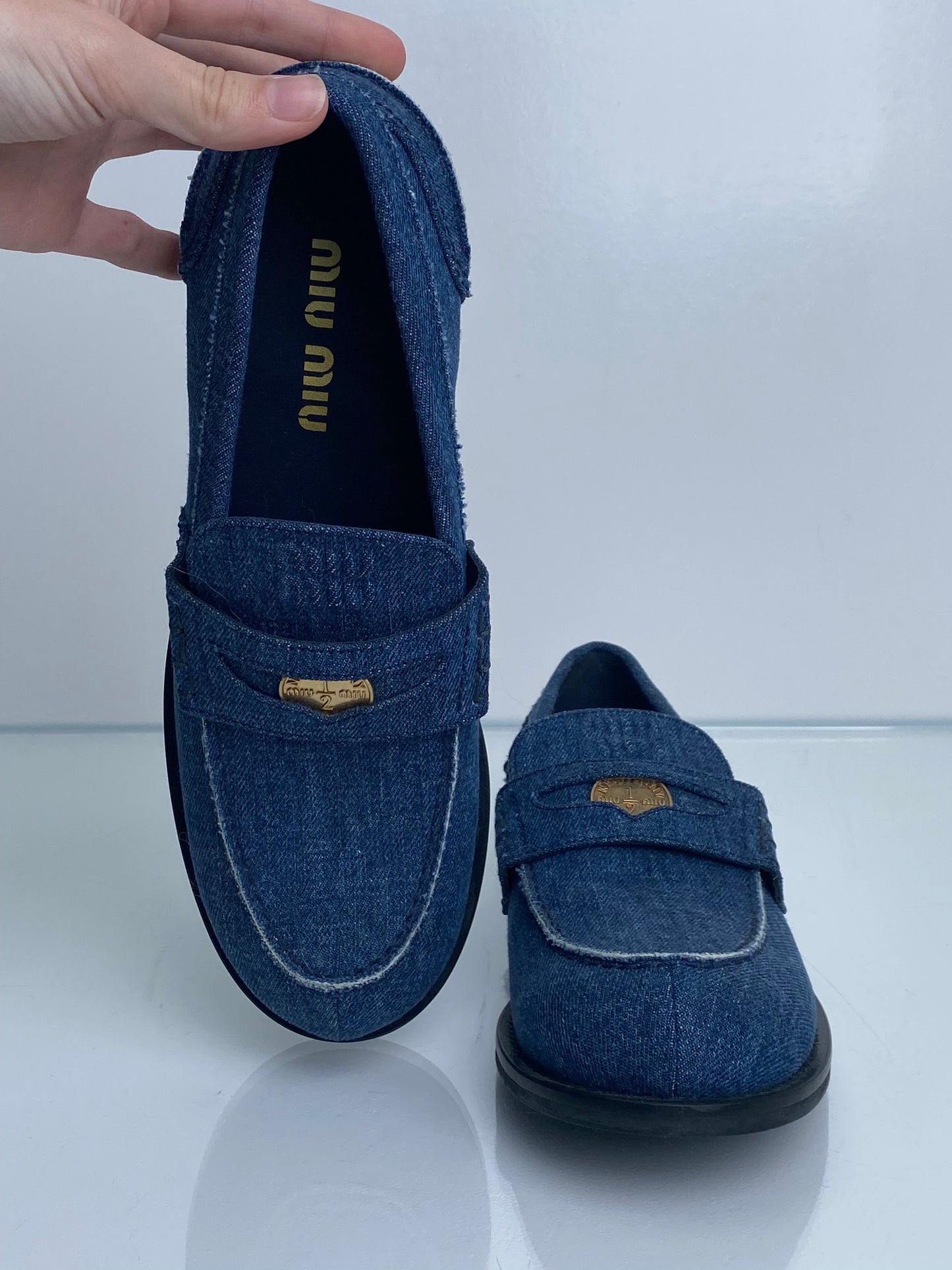 Miu Miu Denim Penny Loafers, 38.5