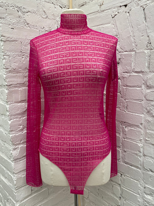 Givenchy Hot Pink Mesh Logo Bodysuit, M