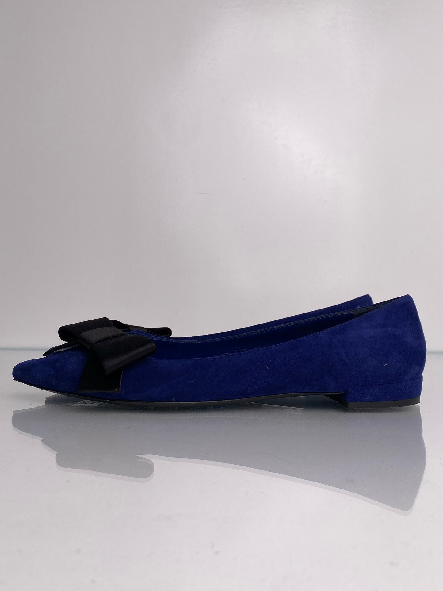 Prada Pointed Toe Blue Suede Bow Flats, 39.5