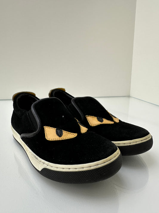 Fendi Black Suede Monster Slip On Shoes, 32