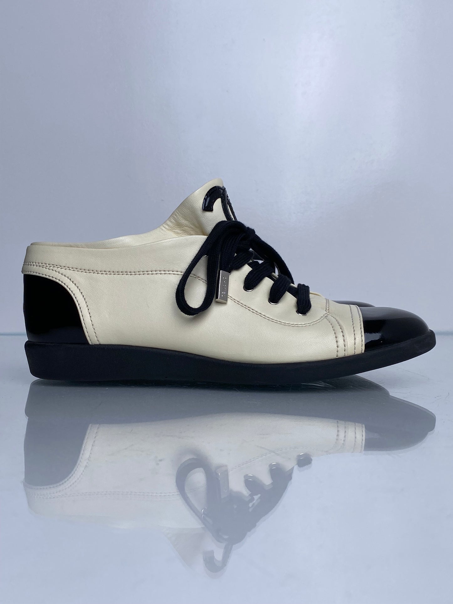 Chanel Black & Cream Patent & Lambskin CC Cap Toe Sneakers, 40