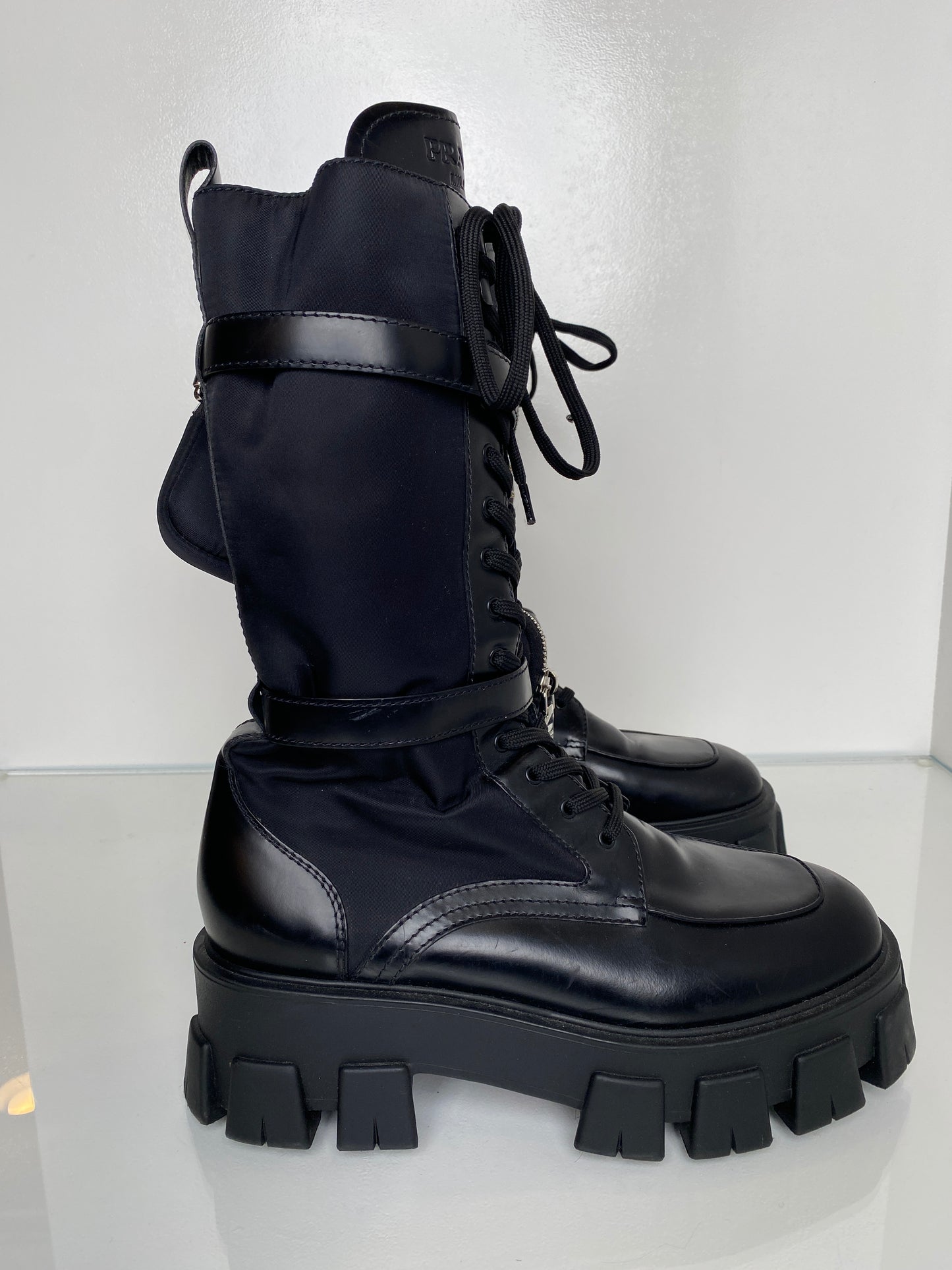 Prada Monolith Nylon Black Tall Boots, 41