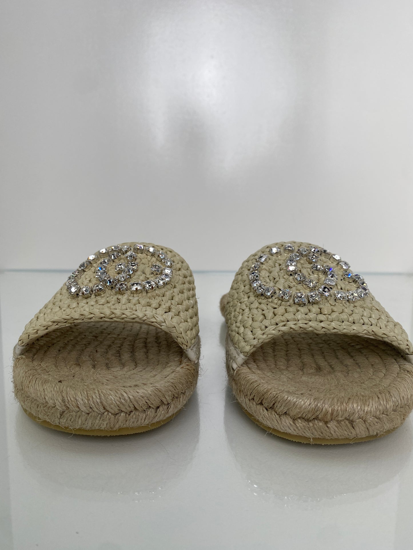 Gucci Tan & Crystal Cora Espadrille Slide Sandals, 39.5