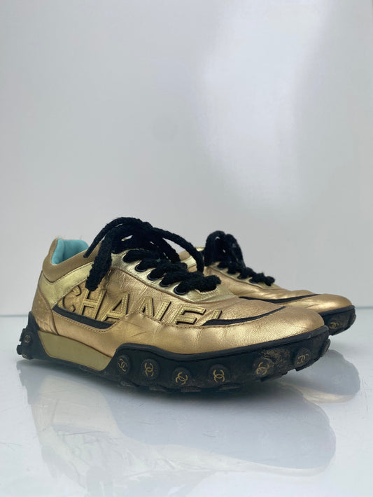 Chanel Gold & Black Interlocking CC Low Top Sneakers, 38.5