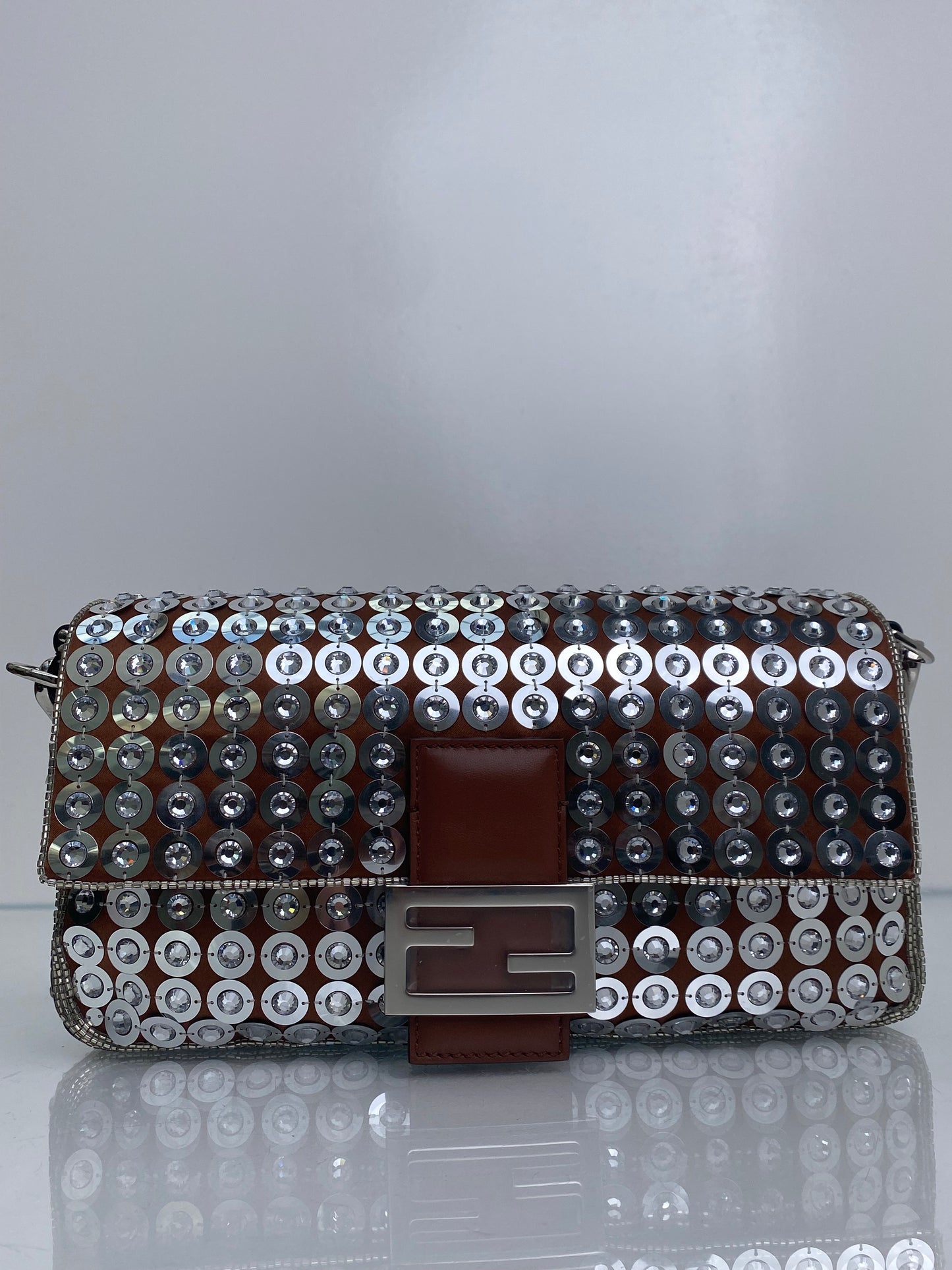 Fendi Brown & Silver Sequin Baguette Bag SHW