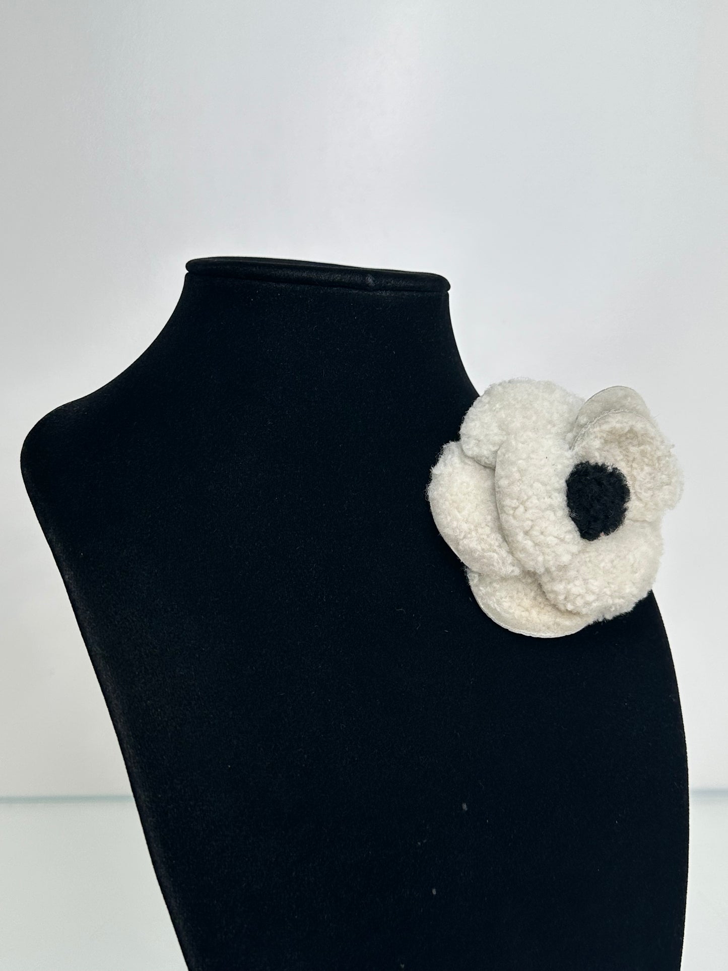 Chanel White & Black Shearling Camellia Brooch