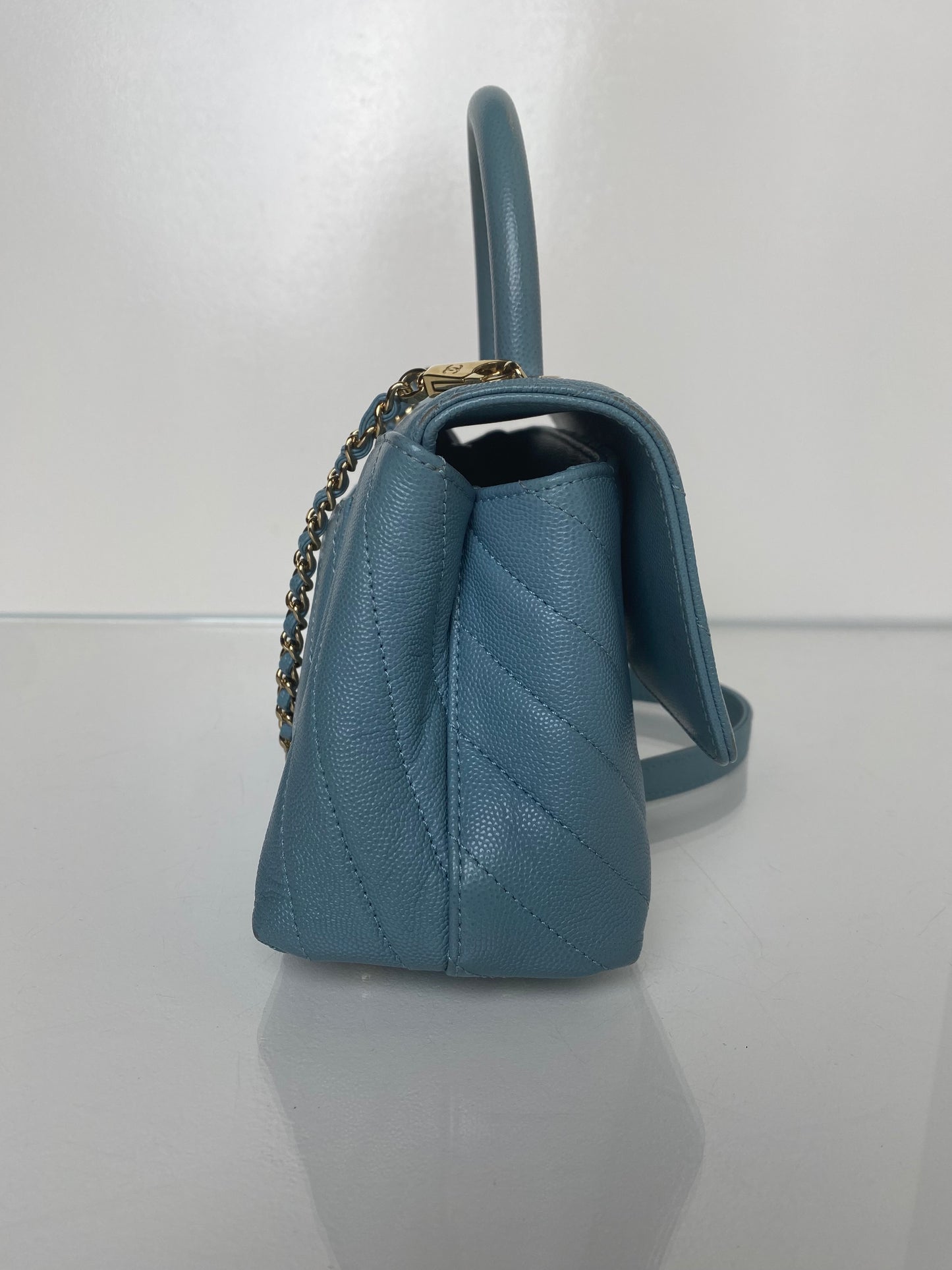 Chanel Blue Caviar Chevron Coco Tophandle Bag GHW