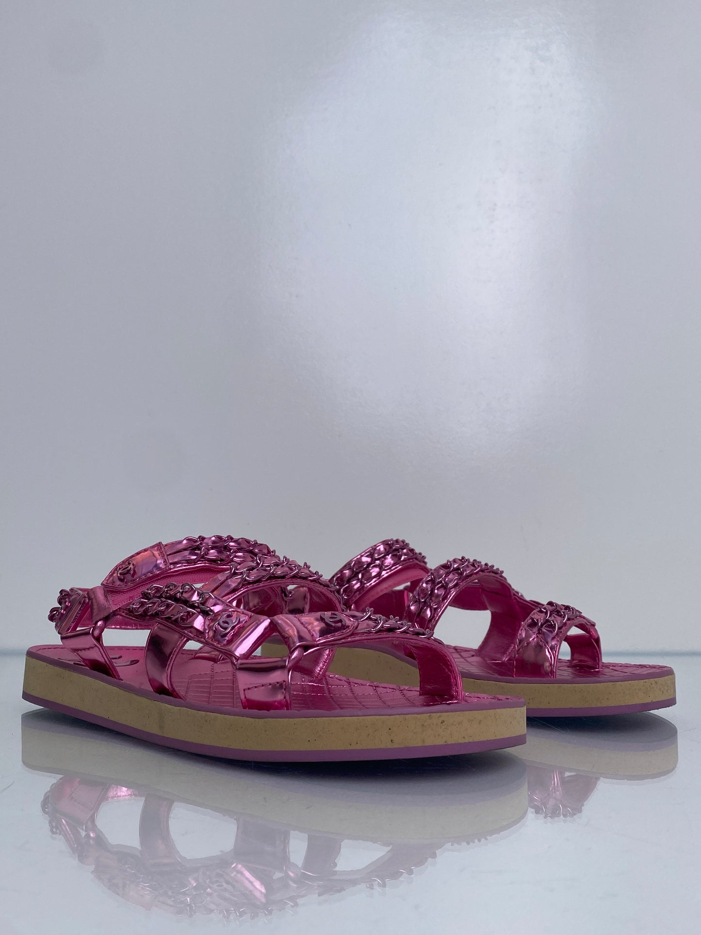 Chanel Pink Metallic Interlocking CC Chain Dad Flat Sandals, 40