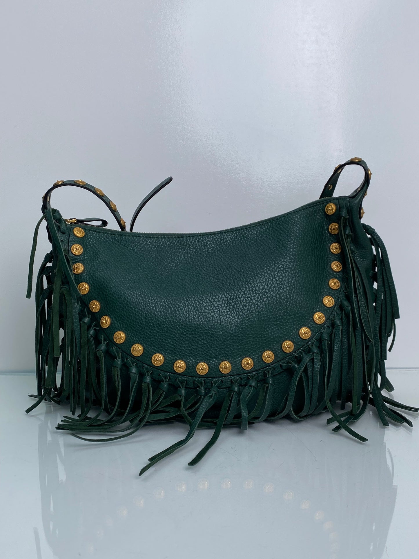 Valentino Green Leather Studded & Tassel Shoulder Bag