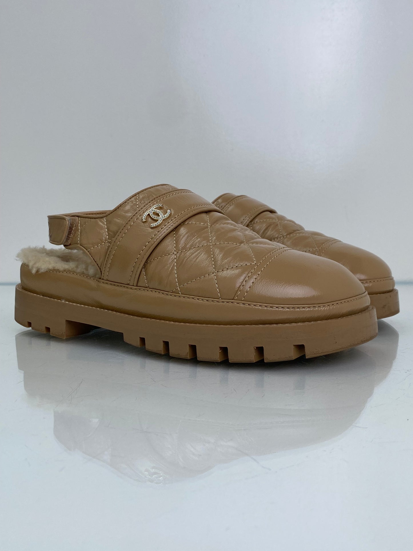 Chanel Beige Patent Leather & Shearling CC Clogs, 40