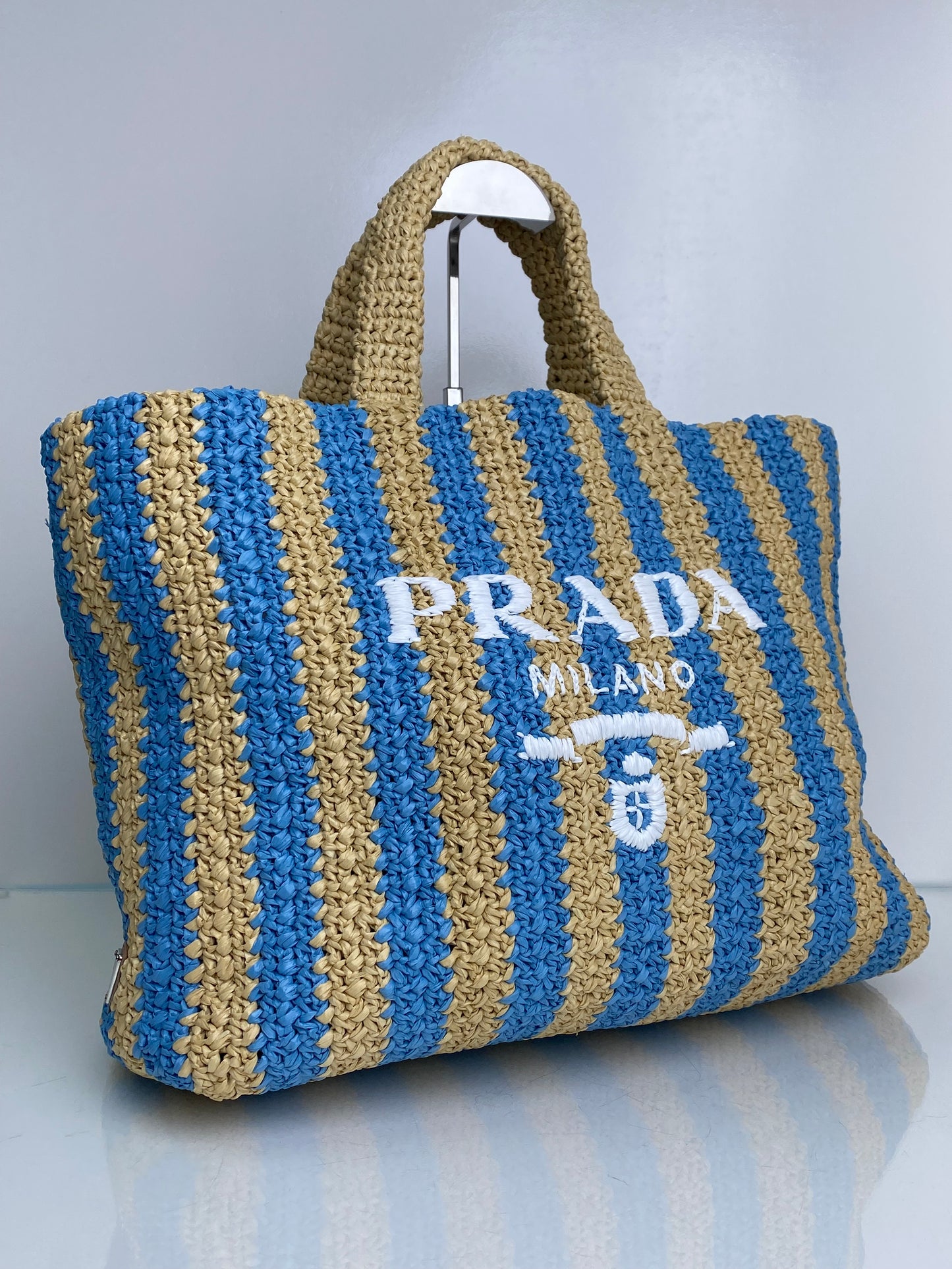 Prada Tan & Blue Striped Raffia Tote Bag SHW