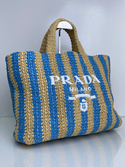 Prada Tan & Blue Striped Raffia Tote Bag SHW