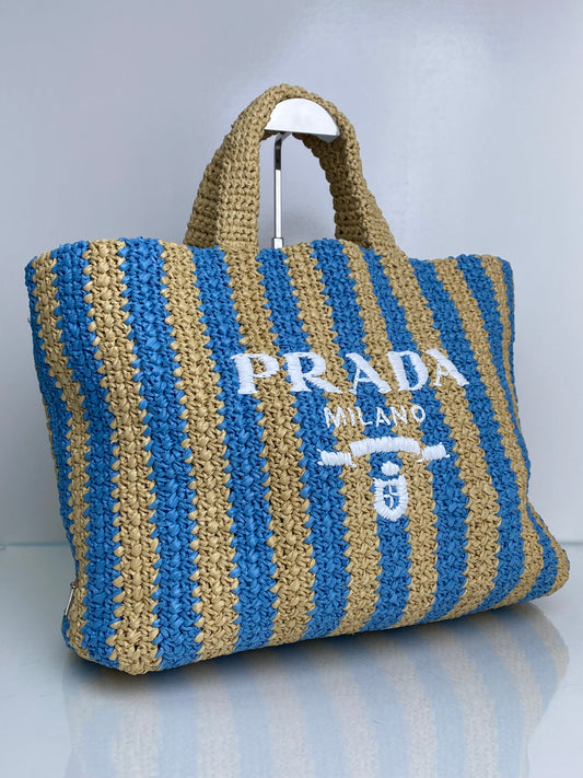 Prada Tan & Blue Striped Raffia Tote Bag SHW
