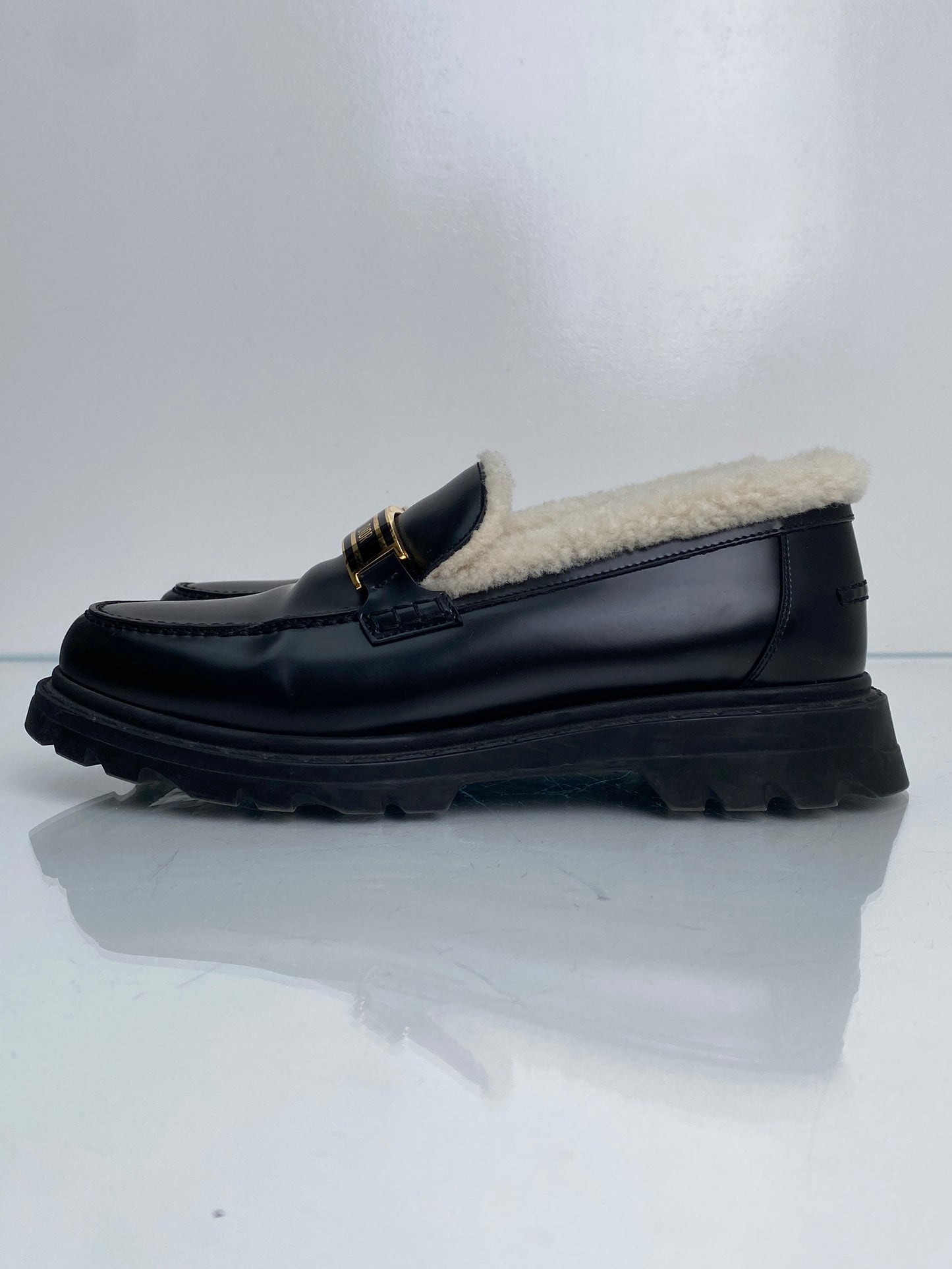 Christian Dior Black Leather Shearling Loafers, 41