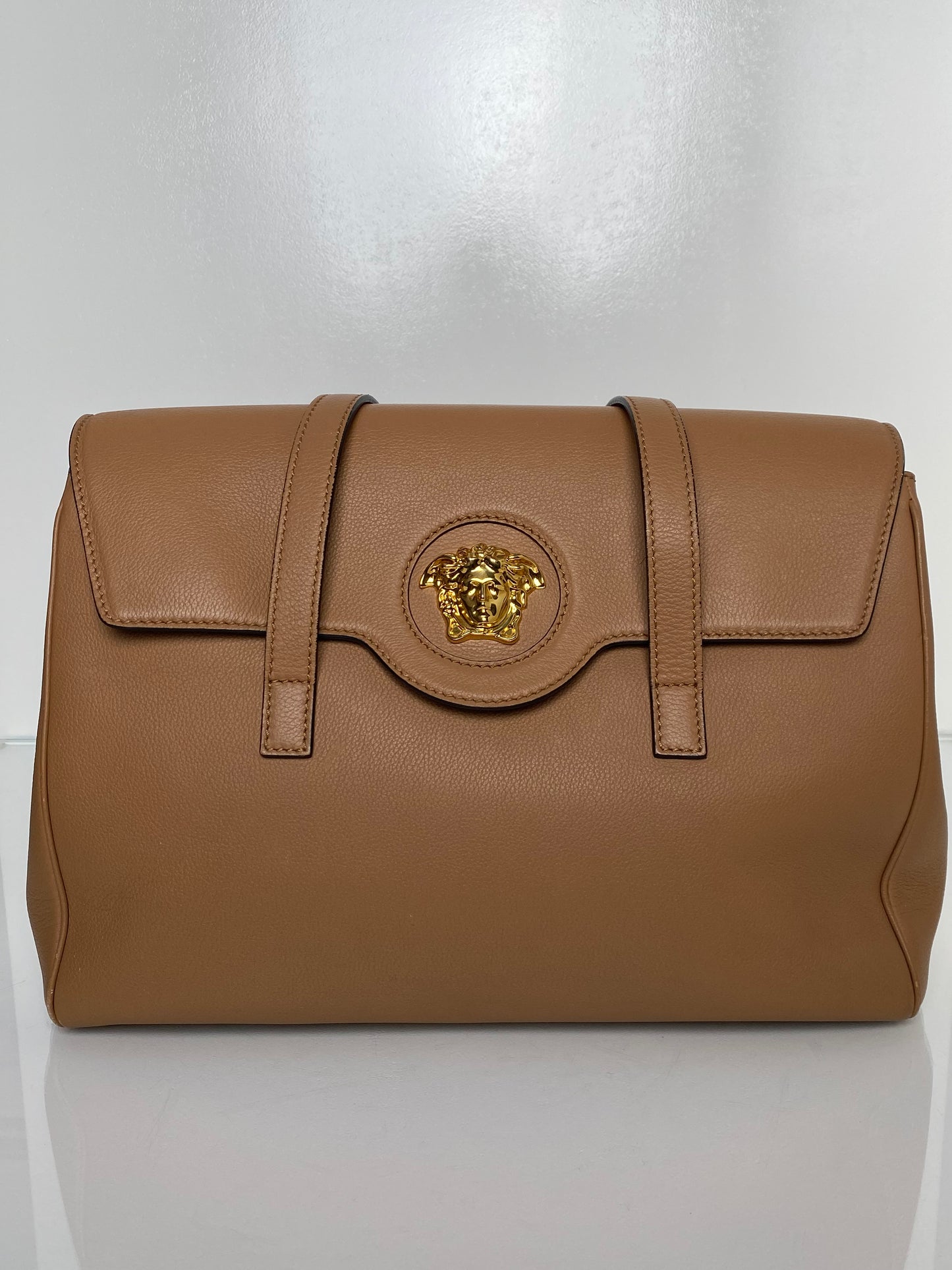 Versace Tan Leather La Medusa Flap Bag GHW