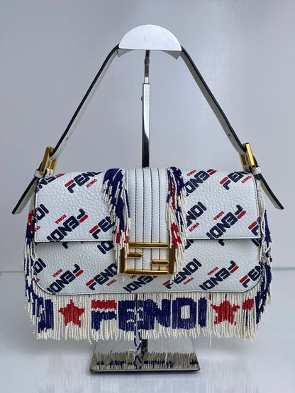 Fendi X Fila Red, White, & Blue Beaded Fringe Mania Baguette Bag GHW