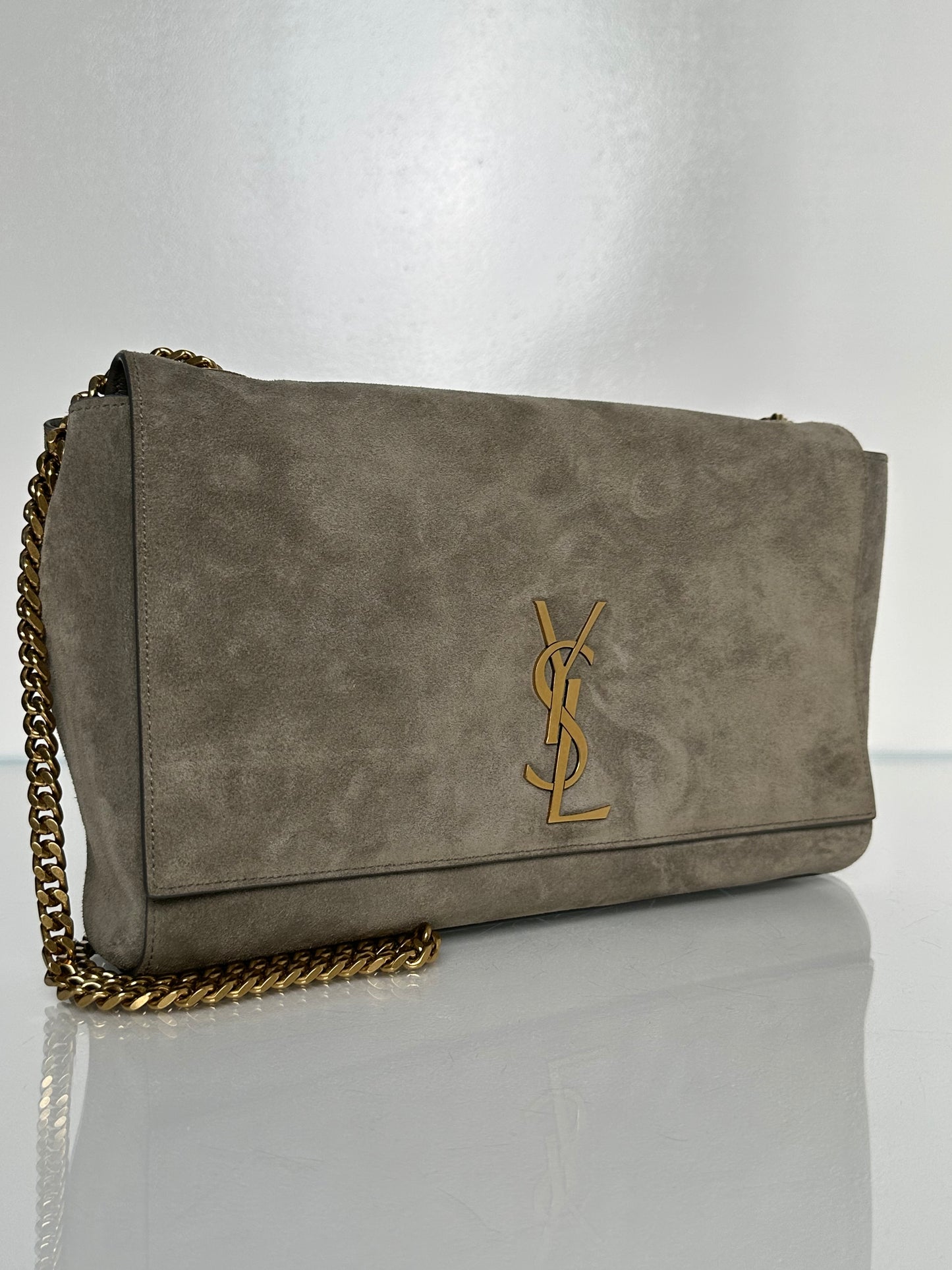 Saint Laurent Grey / Taupe Suede Reversible Kate Bag GHW