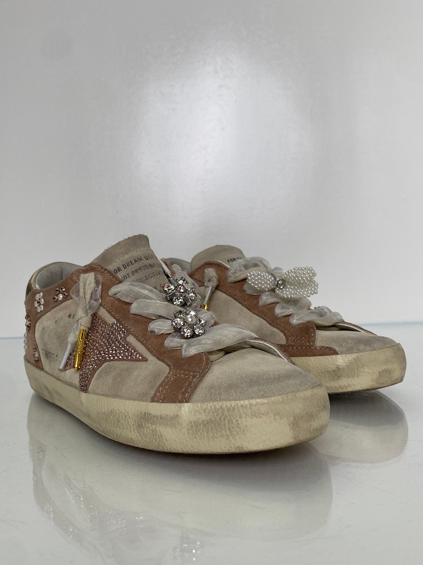 Golden Goose Pink & Tan Suede Pearl Flower Sneakers, 37