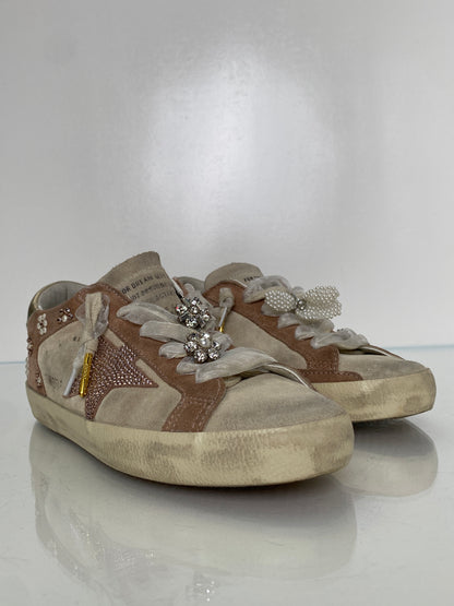 Golden Goose Pink & Tan Suede Pearl Flower Sneakers, 37
