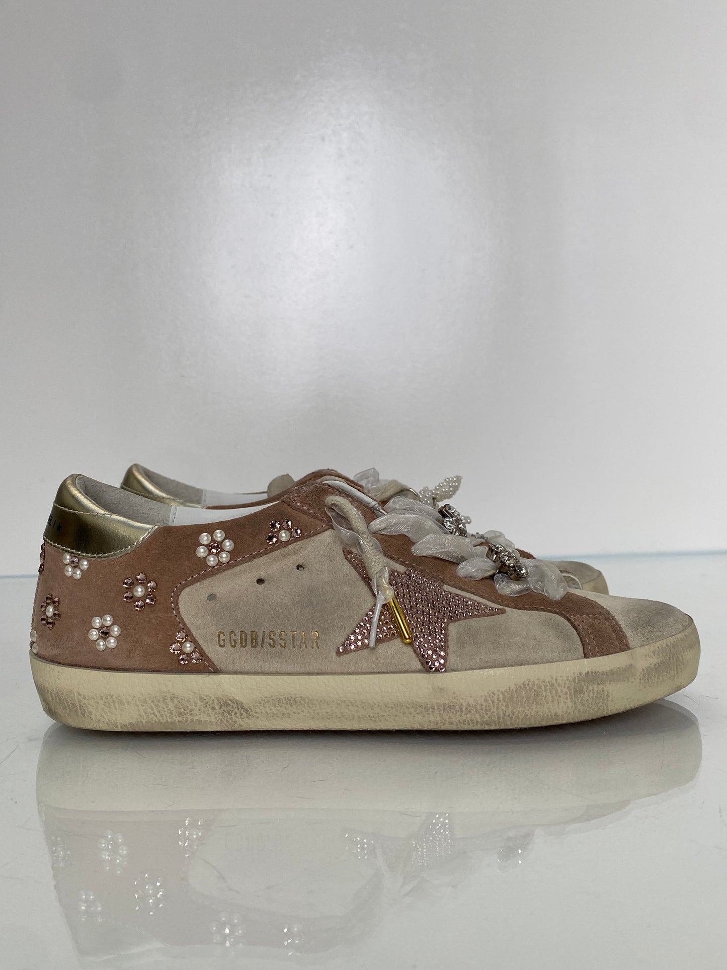Golden Goose Pink & Tan Suede Pearl Flower Sneakers, 37