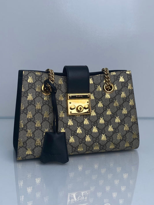 Gucci Monogram & Black Bee Padlock Small Tote Bag GHW