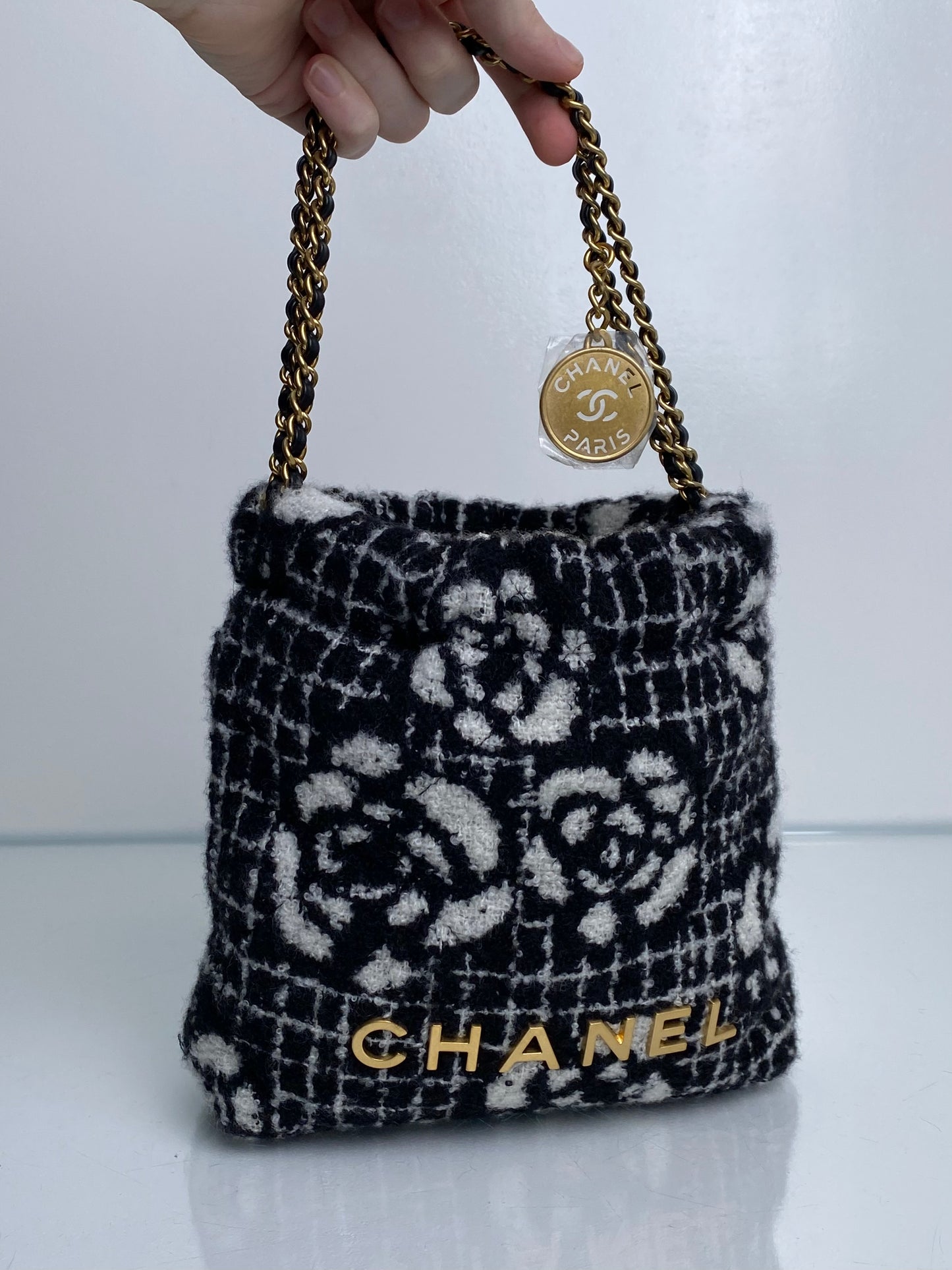 Chanel 22 Mini Black/White Tweed Camellia Bag GHW