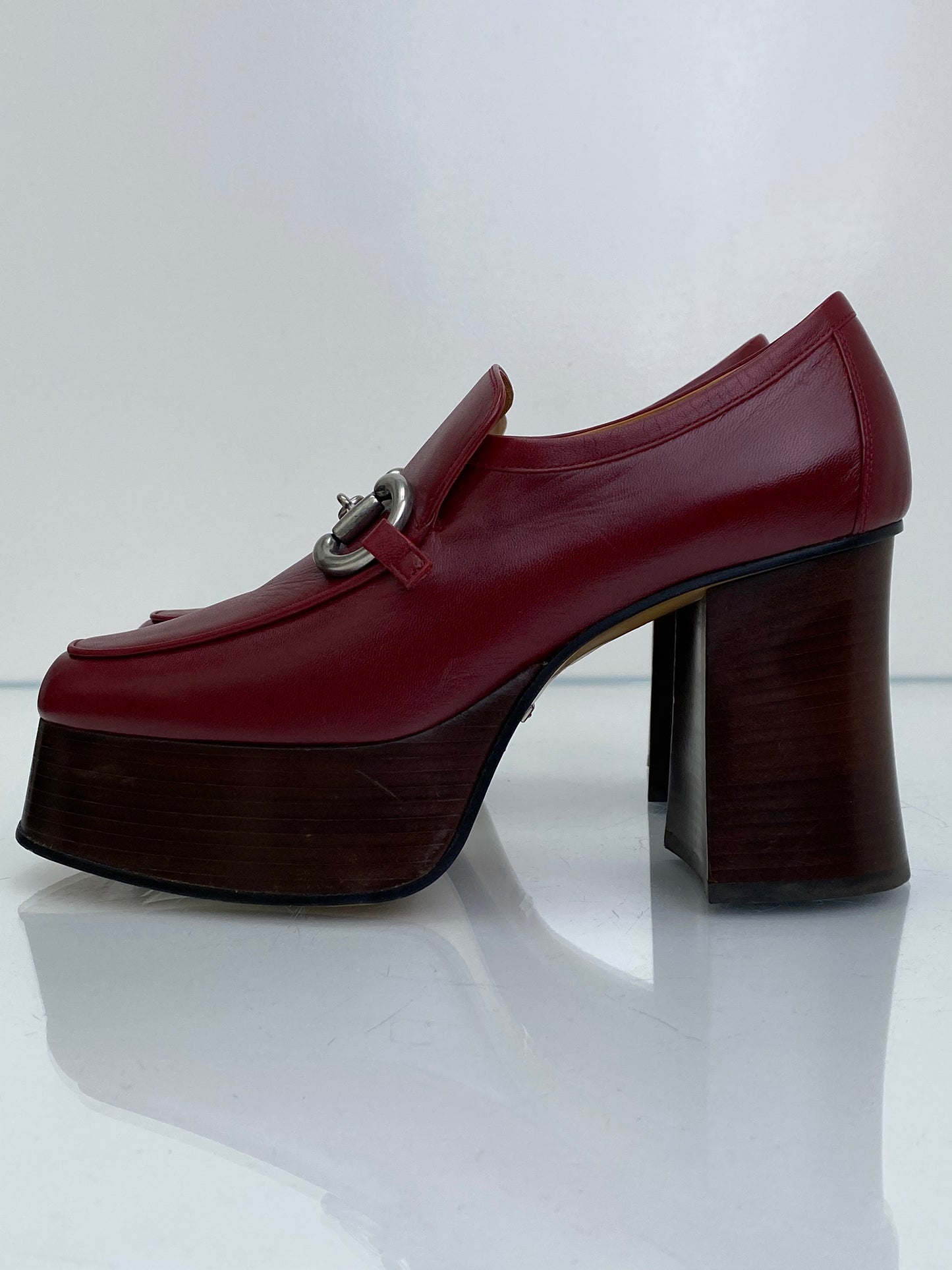 Gucci Burgundy Horsebit Heeled Loafer, 38