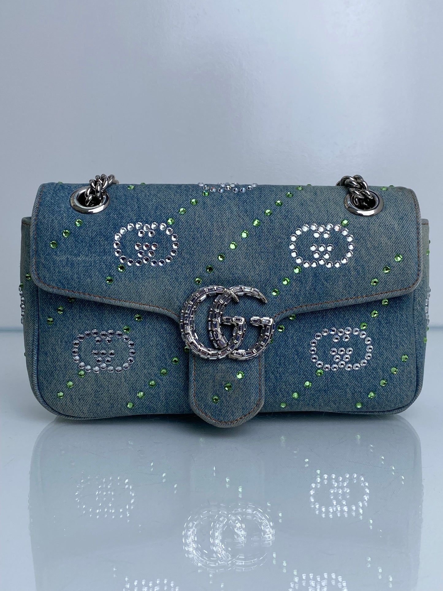 Gucci Denim Crystal Appliqué GG Marmont Shoulder Bag SHW