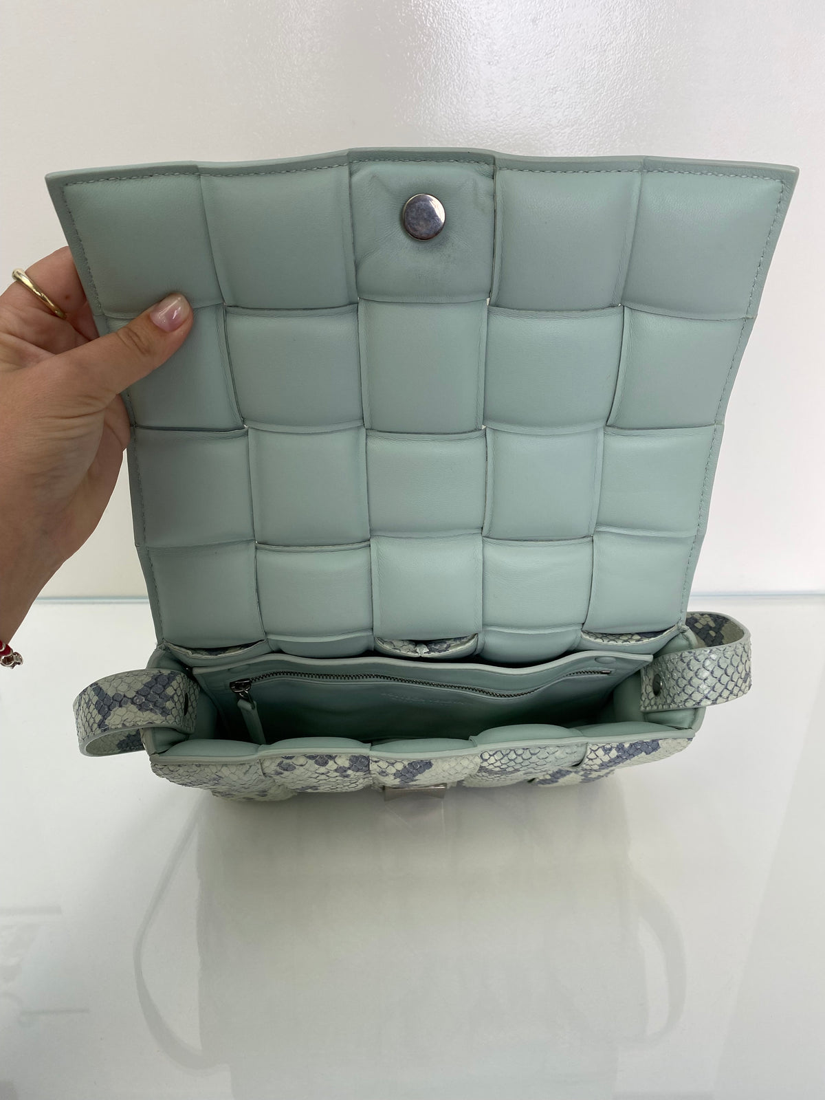 Bottega Veneta Padded Casette Gray & Mint Python Embossed Crossbody Bag SHW