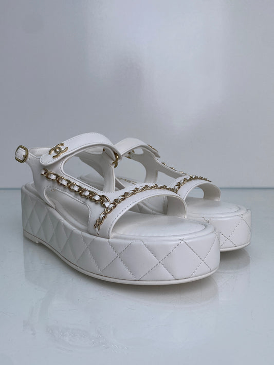 Chanel White CC Chain Platform Sandals, 38.5