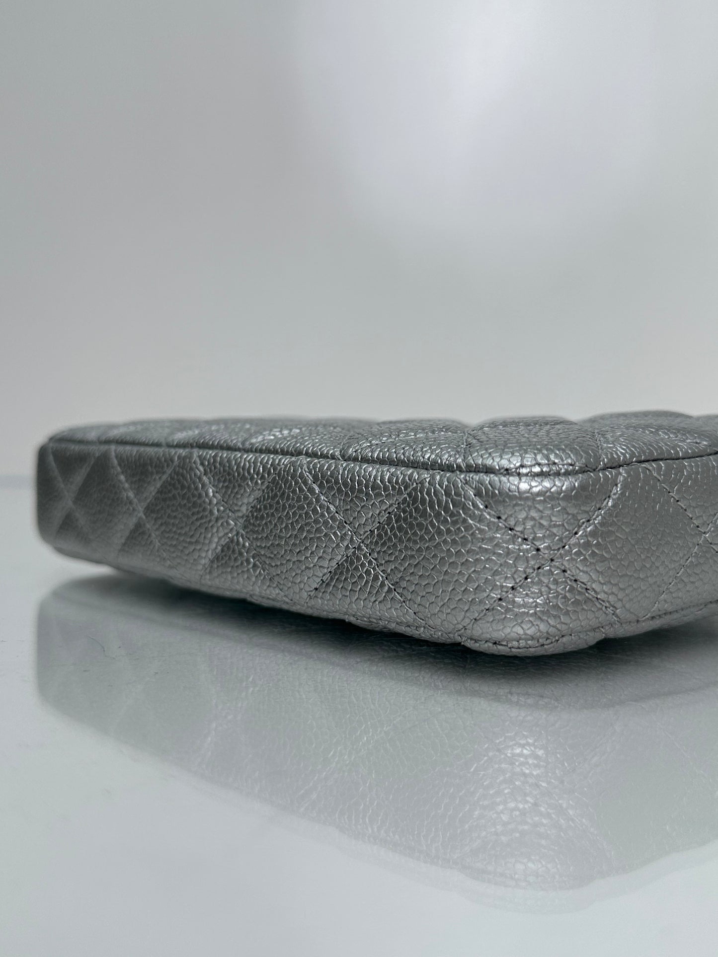 Chanel Double Zip Silver Metallic Caviar Clutch SHW #23