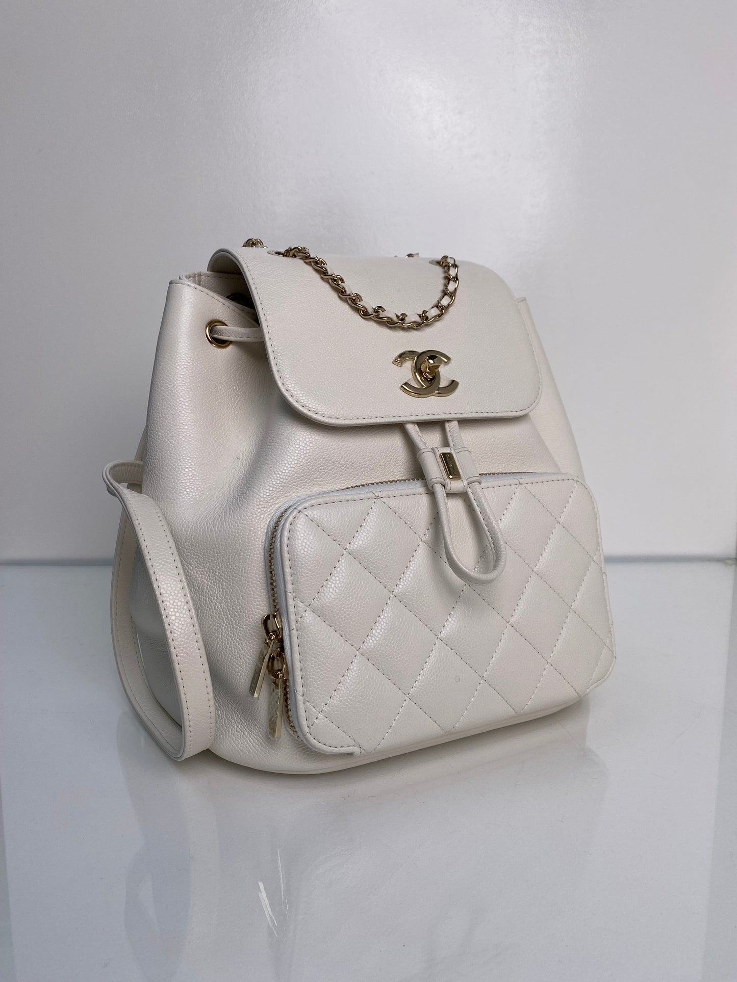 Chanel Business Affinity White Caviar Quilted Backpack GHW