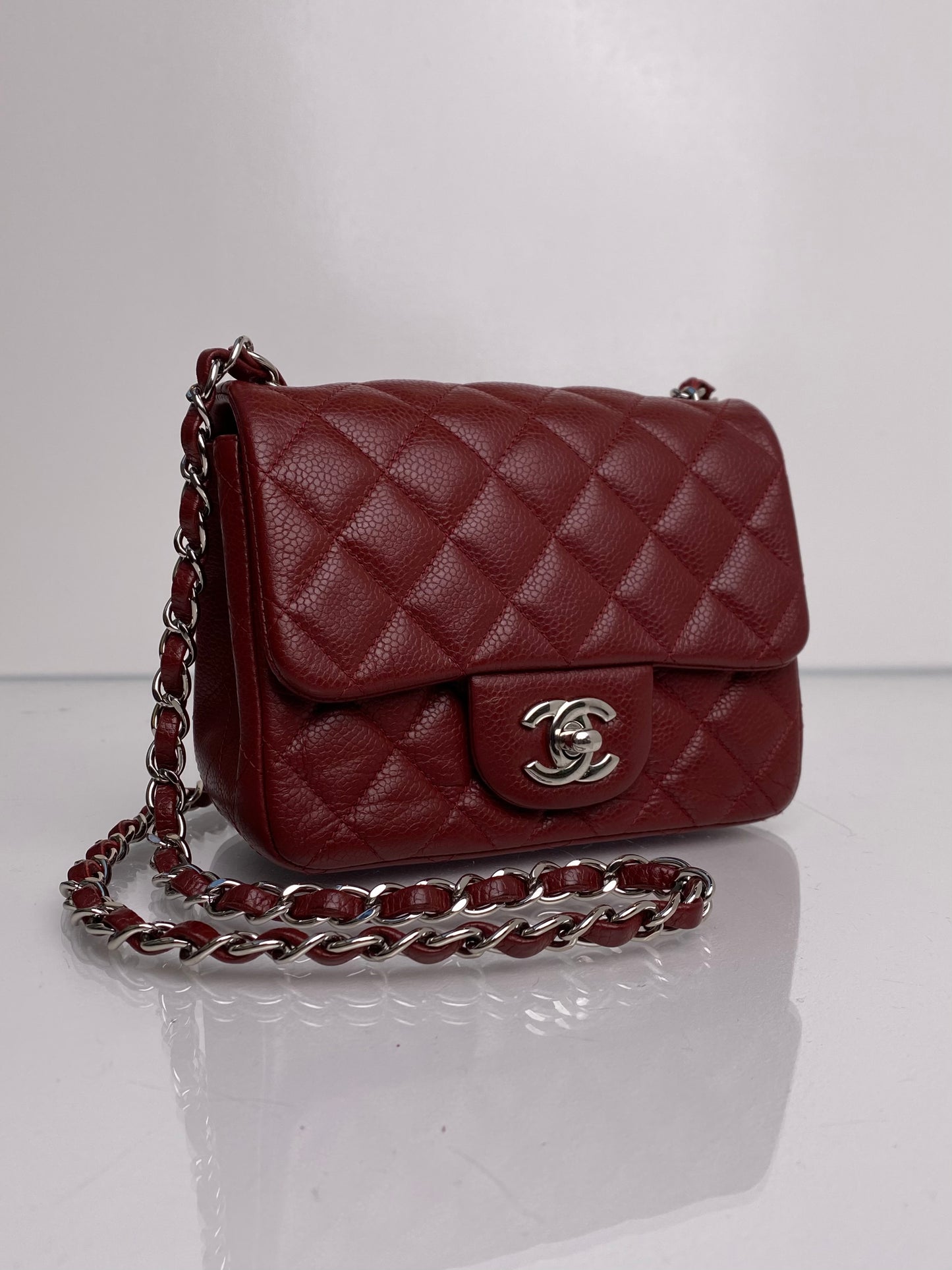 Chanel Classic Mini Square Bordeaux Caviar Leather SHW