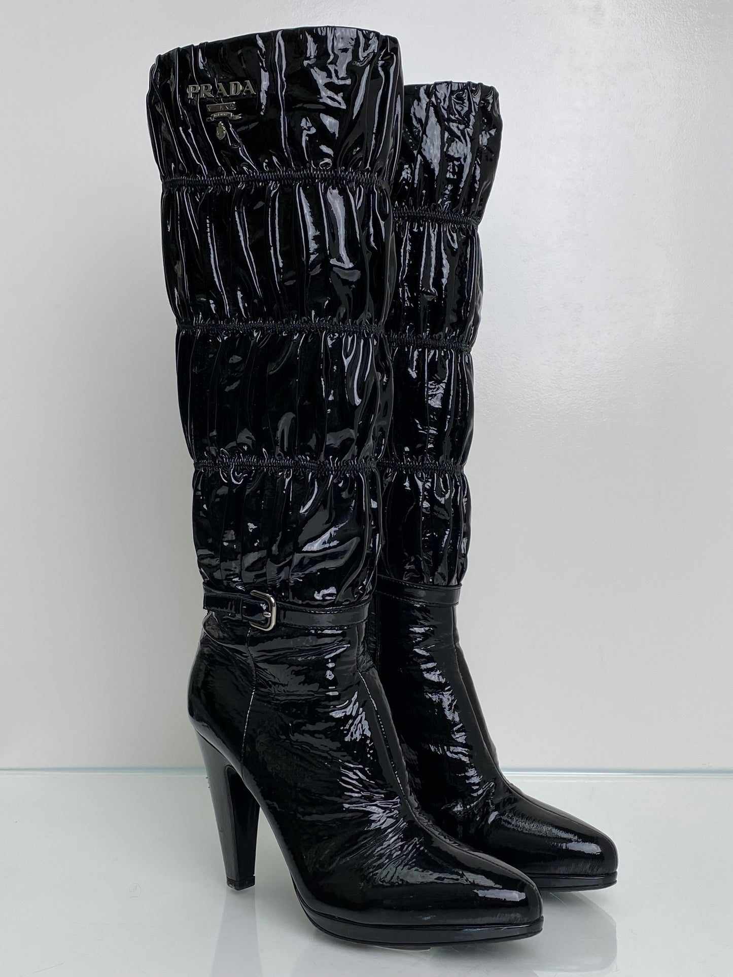Prada Black Patent Cinched Boots, 37.5
