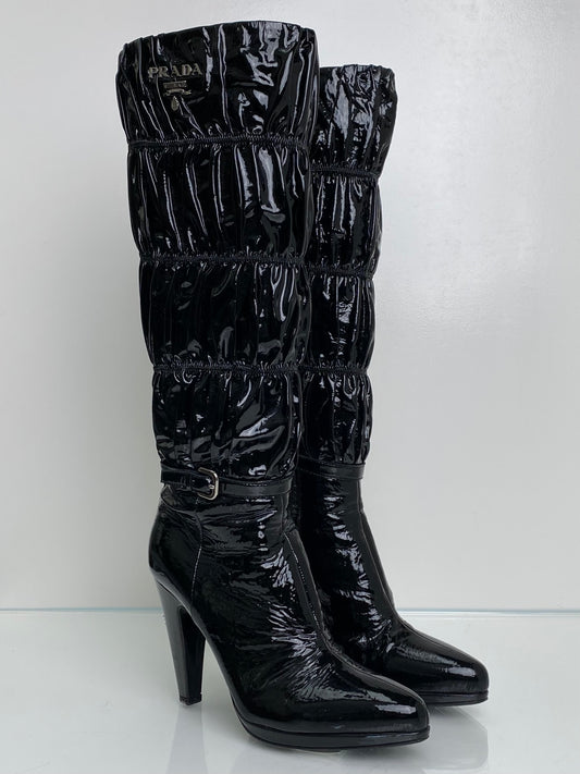 Prada Black Patent Cinched Boots, 37.5