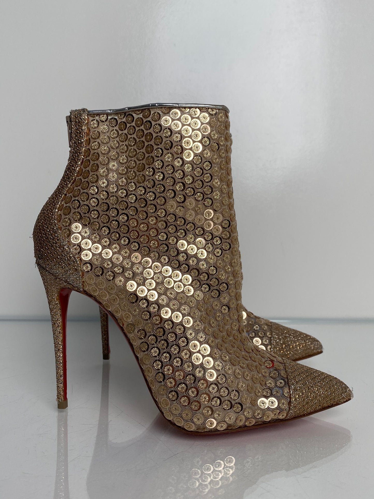 Christian Louboutin Gold Sequin Booties, 37