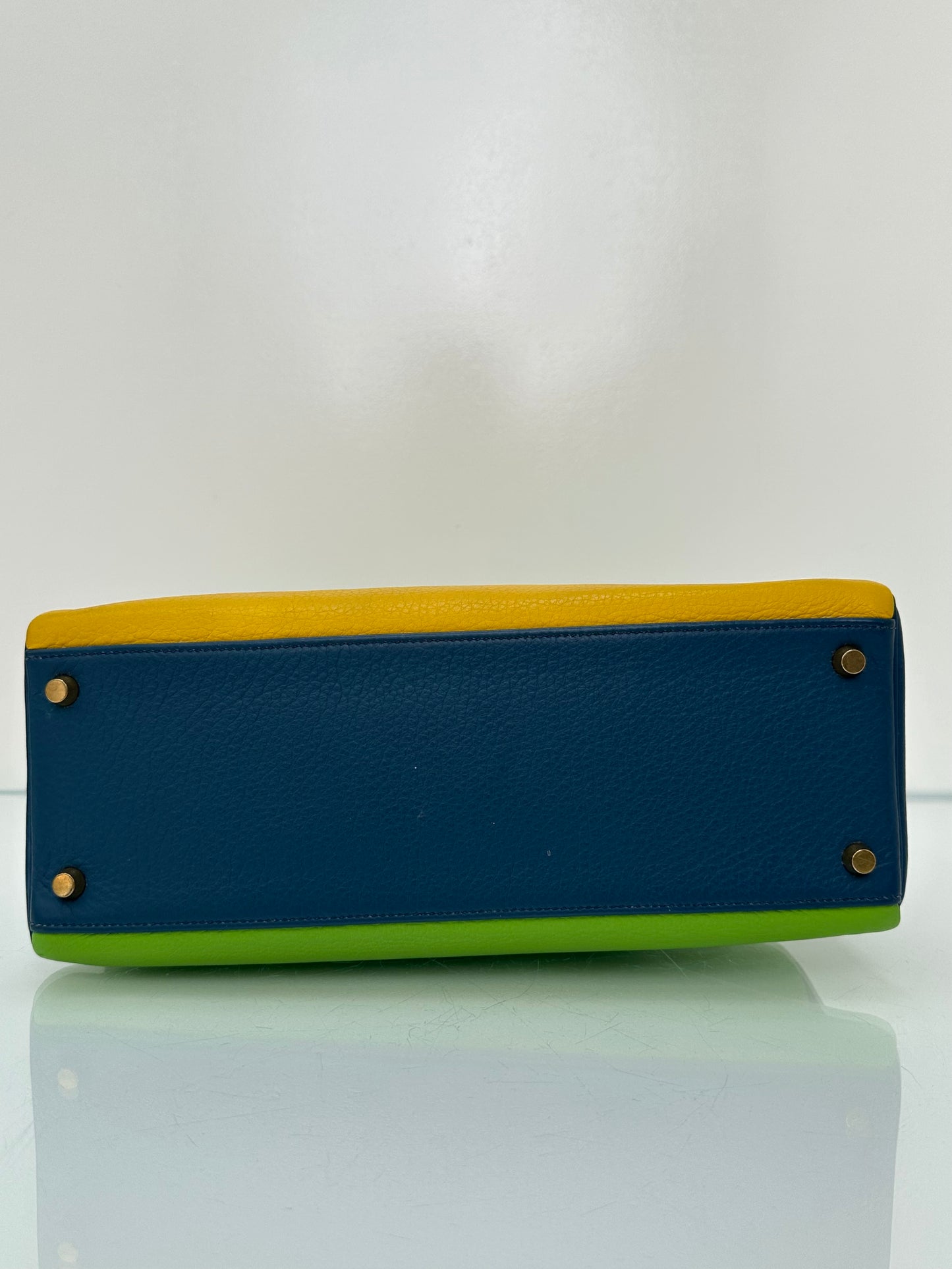 Hermes Kelly 32 Vert Cru, Jaune, and Blue Thalassa Clemence GHW #G