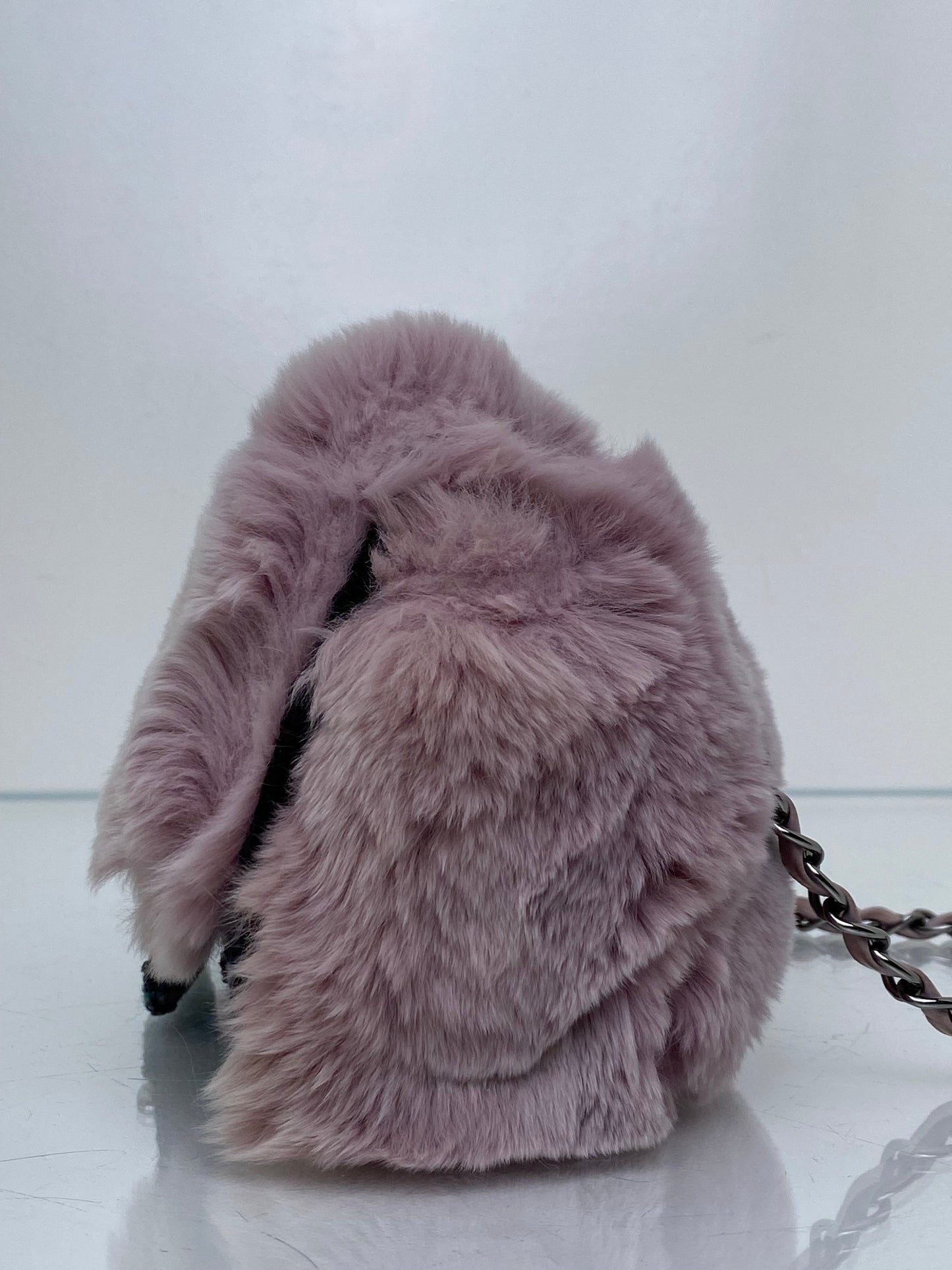 Chanel Pink Rabbit Fur-Trimmed & Blue Tweed Fantasy Flap Shoulder Bag RHW