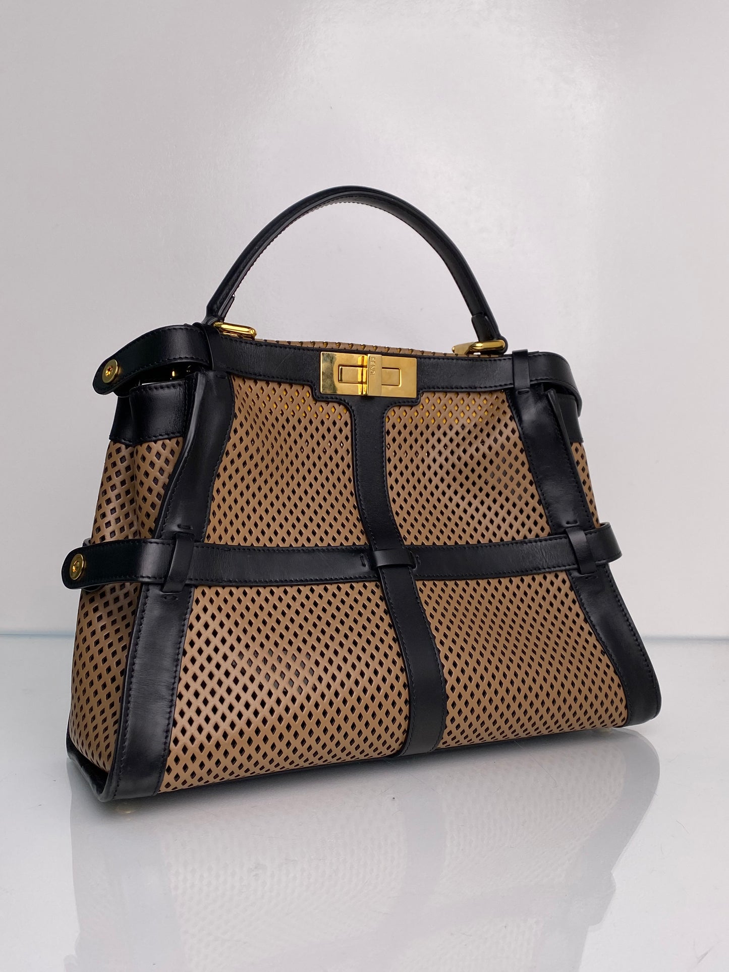 Fendi Peekaboo 2Way Brown & Black Perforated Leather Bag GHW